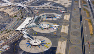 Shown is an aerial view of the Terminal B and C aprons at Newark Liberty International Airport.