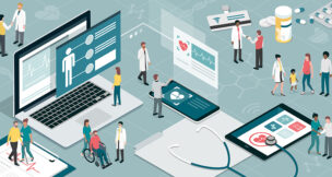 Multiethnic doctors, nurses and patients with medicine gadgets, healthcare and medicine concept
