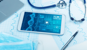 biotech concept with medical technology devices and DNA strand