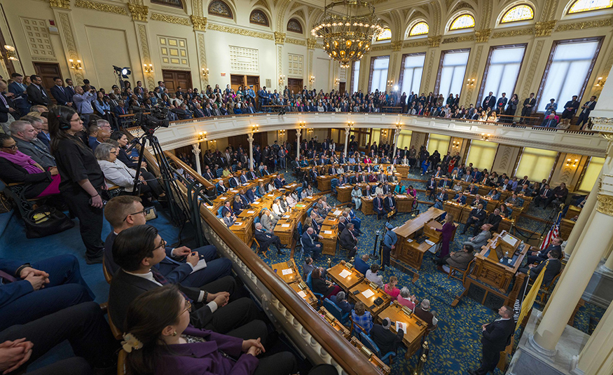 Gov. Mikie Sherrill gives her first Budget Address in the Assembly Chambers of the State House in Trenton on March 10, 2026.