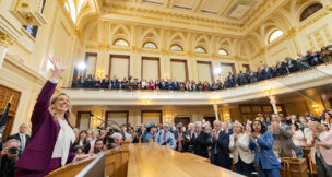 Gov. Mikie Sherrill gives her first Budget Address in the Assembly Chambers of the State House in Trenton on March 10, 2026.