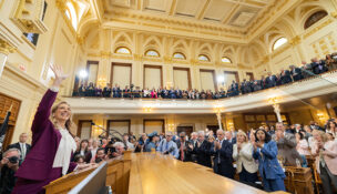 Gov. Mikie Sherrill gives her first Budget Address in the Assembly Chambers of the State House in Trenton on March 10, 2026.