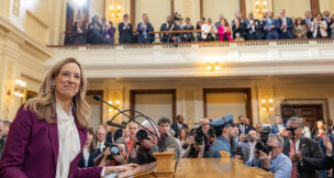 Gov. Mikie Sherrill gives her first Budget Address in the Assembly Chambers of the State House in Trenton on March 10, 2026.