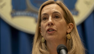 Gov. Mikie Sherrill holds a news conference at the State House in Trenton on July 21, 2026.