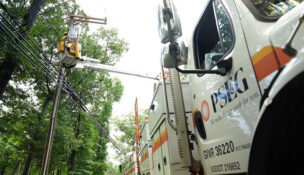 PSE&G crews work to restore power and repair equipment in Watchung after weekend storms.