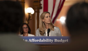 Gov. Mikie Sherrill holds a news conference in the rotunda at the State House in Trenton on June 30, 2026, after the Fiscal Year 2027 budget was passed by the legislature.