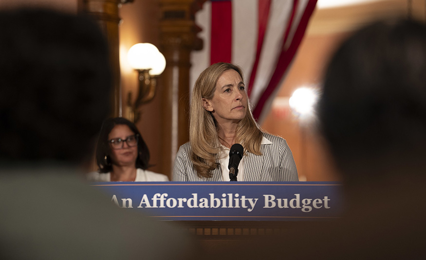Gov. Mikie Sherrill holds a news conference in the rotunda at the State House in Trenton on June 30, 2026, after the Fiscal Year 2027 budget was passed by the legislature.