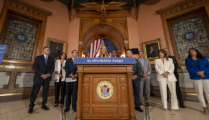 Gov. Mikie Sherrill holds a news conference in the rotunda at the State House in Trenton on June 30, 2026, after the Fiscal Year 2027 budget was passed by the legislature.
