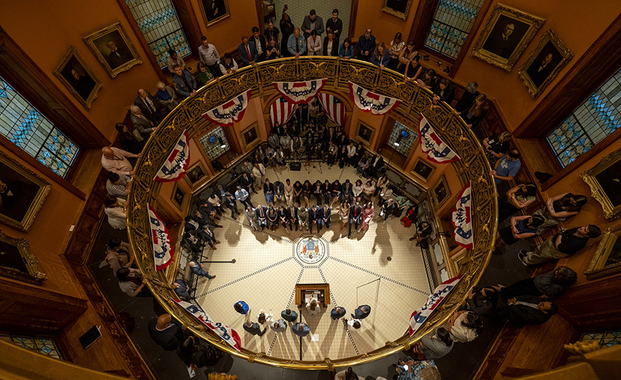 Gov. Mikie Sherrill holds a news conference in the rotunda at the State House in Trenton on June 30, 2026, after the Fiscal Year 2027 budget was passed by the legislature.