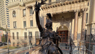 The Exchange Place Alliance is continuing its monument conservation efforts across Jersey City, including work on the Soldiers & Sailors monument, pictured here.